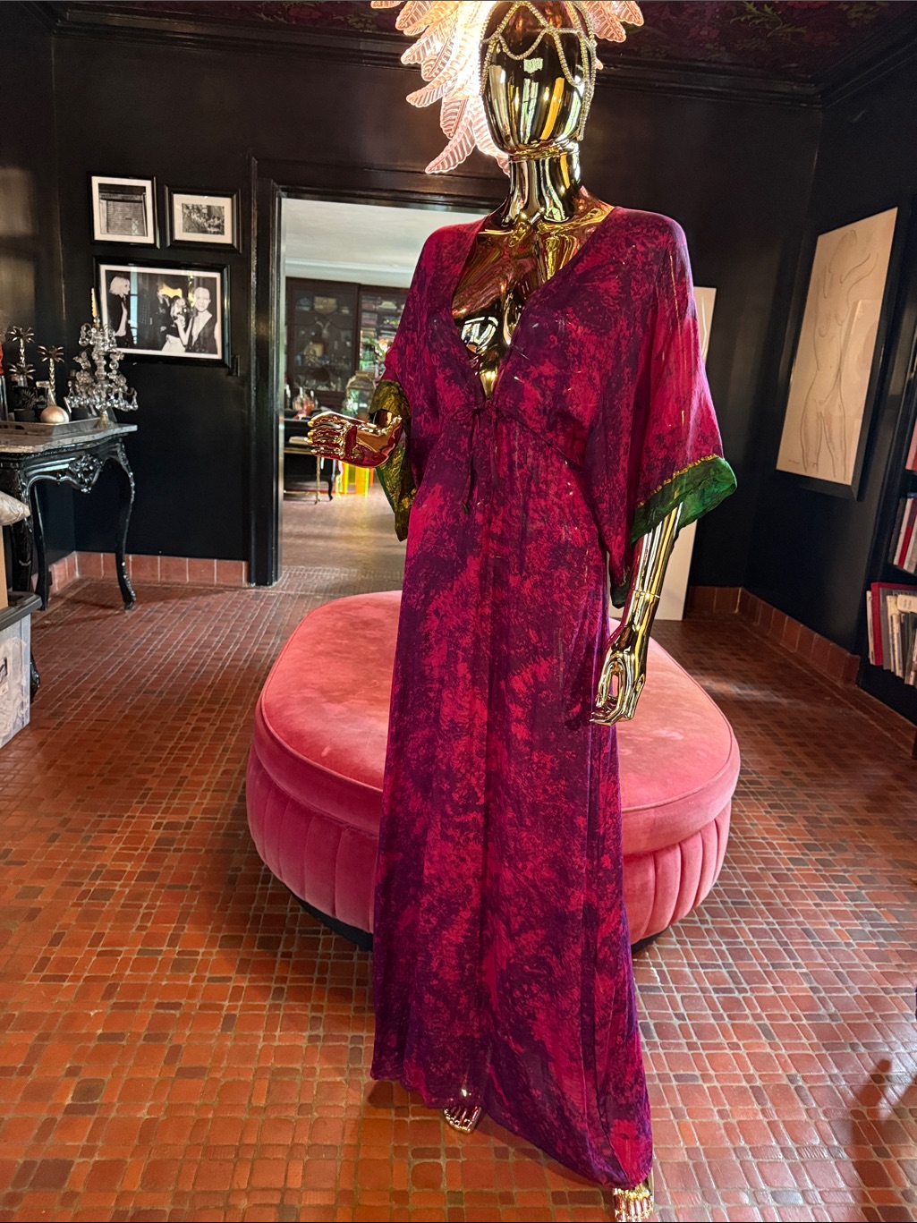 Vibrant Magenta Tie Dye Kaftan With Green Trim